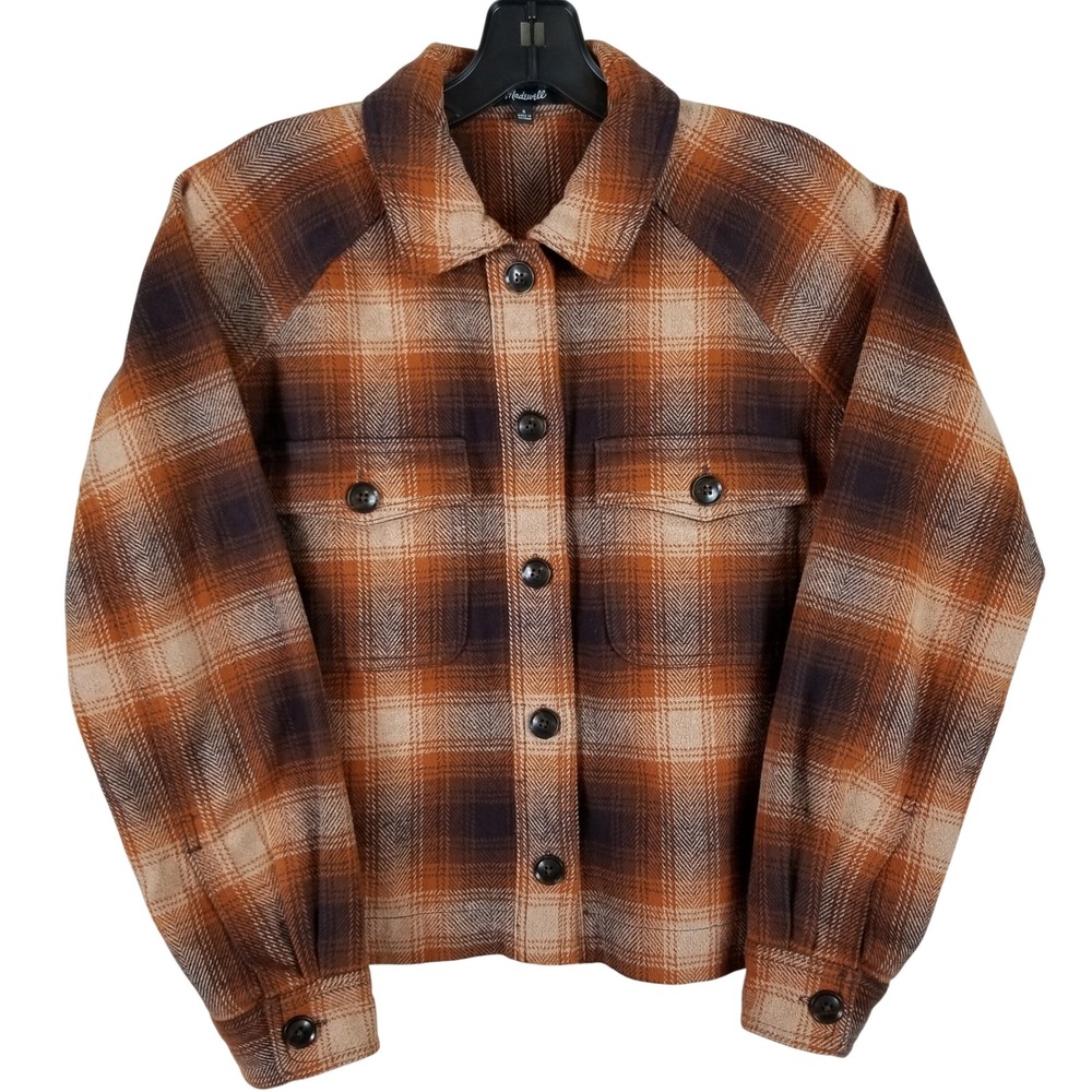 Madewell Plaid Flannel‎ Shirt Jacket Orange Brown Herringbone Women Small